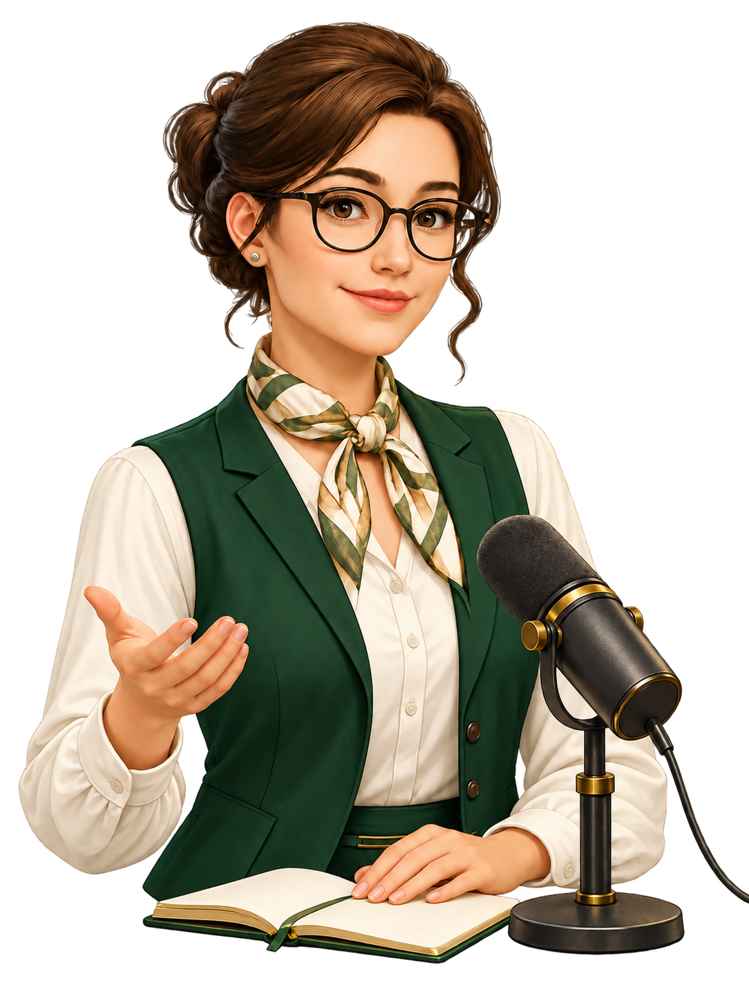 Evy welcomes you to her daily AI briefing beside her microphone and open notebook